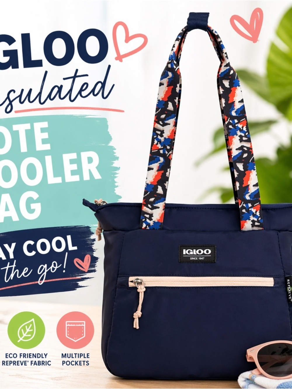 Igloo Navy Blue Repreve Insulated Tote Cooler Bag Lunch Bag Multi Pocket